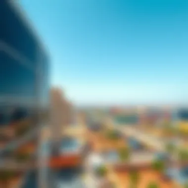 A panoramic view showcasing the unique landscape of Al Quoz Industrial Area 2 under a clear blue sky