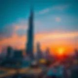 A panoramic view of Dubai's Sky Tower against a sunset skyline