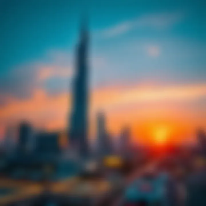 A panoramic view of Dubai's Sky Tower against a sunset skyline